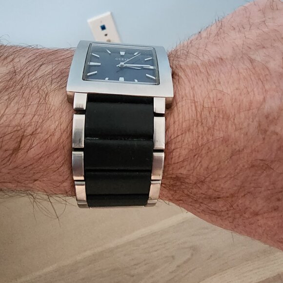 Men's Guess Stainless Steel and Black Leather Watch - Picture 6 of 13